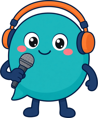 Mr. Peace, a teal speech bubble with orange headphones holding a microphone