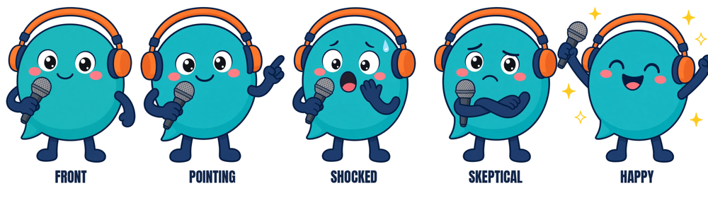 Mr. Peace's poses: front, pointing, shocked, skeptical and happy
